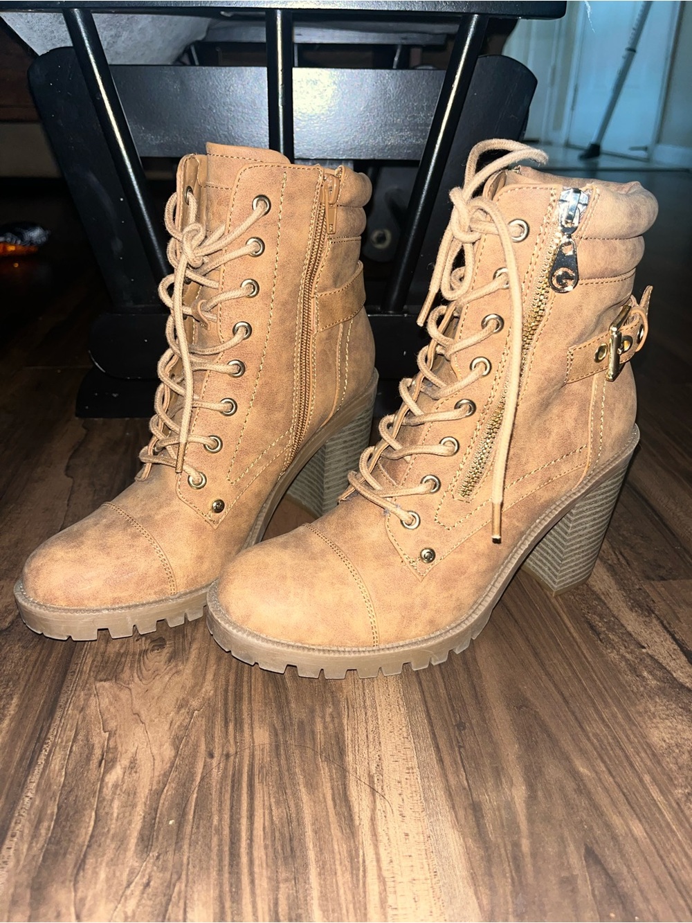 Lace-Up Chunky Heel Combat Boots in Tan